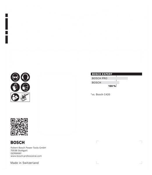 Bosch Expert' Etikett mit Vergleichsbalken, der 'Bosch Pro 100%' im Vergleich zu 'Bosch C420' zeigt. Icons deuten auf Sicherheitsausrüstung hin. Bosch Kontaktinformationen.
