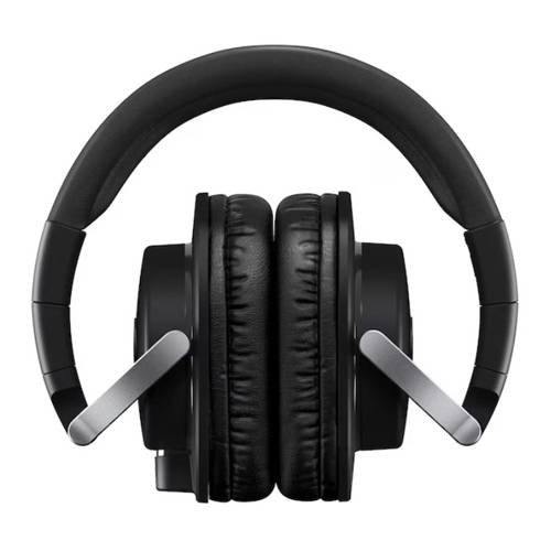 Schwarze Over-Ear-Kopfhörer mit gepolstertem Kopfbügel und Ohrmuscheln, von vorne betrachtet, präsentieren ein elegantes und modernes Design.