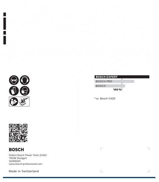 Bosch Produktvergleichstabelle, die zeigt, dass 'Bosch Expert' eine 100% Effizienz im Vergleich zu 'Bosch Pro' und 'Bosch C420' hat. Enthält Bosch Kontaktinformationen.