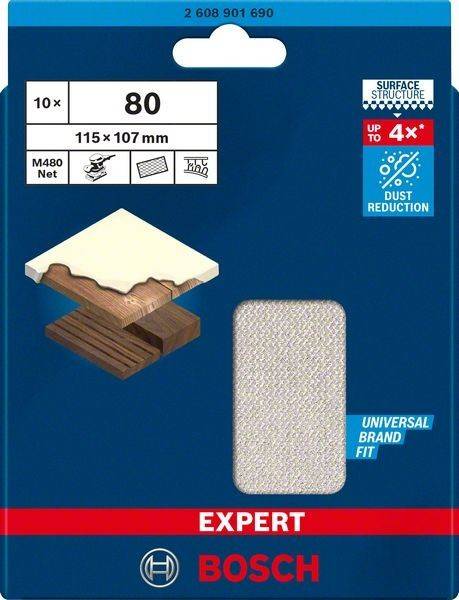 Expert' Schleifpads Verpackung; 10 Stück, 115 x 107 mm, Körnung 80, Oberflächenstruktur mit Eigenschaft zur Staubreduzierung um bis zu 4x, universell passend.