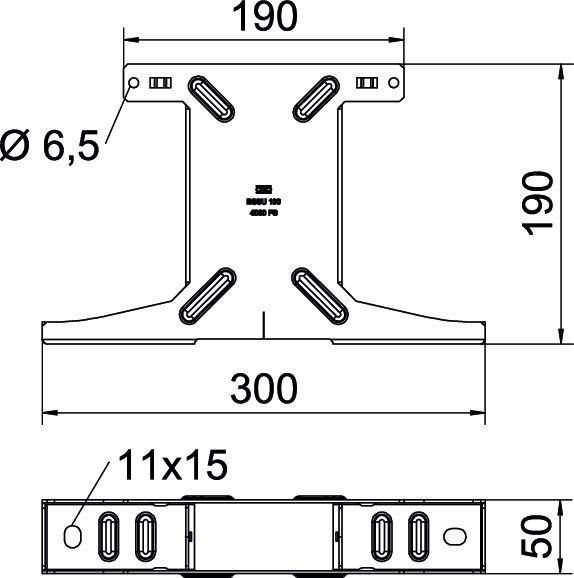 Strahlprofil und Abmessungen mit Messungen: oben und Höhe 190 jeweils, Länge 300, Lochdurchmesser 6,5, unteres Rechteck 11x15, Höhe 50.