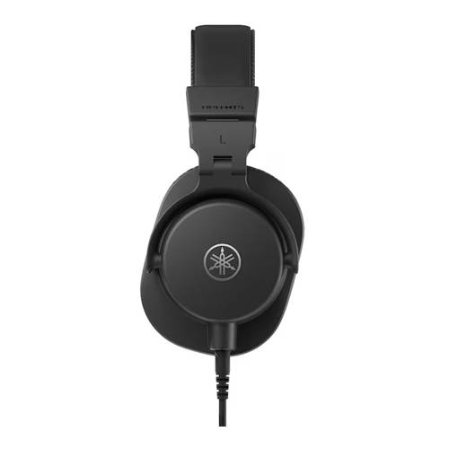 Schwarze Over-Ear-Kopfhörer mit einem Markenlogo auf der Ohrmuschel, eine direkte Frontansicht, die den gepolsterten Kopfbügel und den Kabelanschluss hervorhebt.