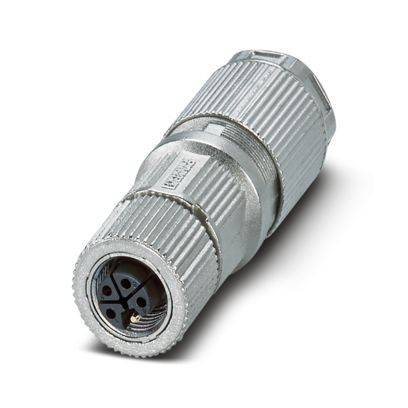 Ein zylindrischer Metallstecker für elektrische Verbindungen mit gerippter Oberfläche und mehreren Stiften am offenen Ende, was darauf hindeutet, dass er für Kabelverbindungen verwendet wird.
