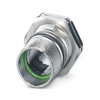 Eine Metallkomponente mit sechskantiger Mutter und Gewinde, mit grünen und schwarzen Details, die für Kabelverbindungen verwendet wird.