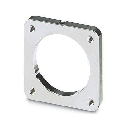 Eine quadratische Metallmontageklammer mit abgerundeten Kanten und einem zentrierten kreisförmigen Loch, das vier Schraubenlöcher an den Ecken aufweist.