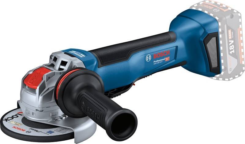Ein blauer Bosch Professional Akku-Winkelschleifer mit schwarzem Griff, konzipiert für Schneid- und Schleifarbeiten, auf einem weißen Hintergrund.