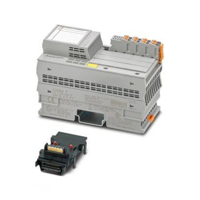 Ein modulares elektronisches Gerät mit Anschlüssen, möglicherweise für industrielle oder Automatisierungsanwendungen, neben einer kleineren schwarzen Komponente gezeigt.