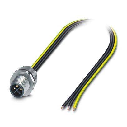 Ein vierdrahtiger Industriestecker mit freiliegenden schwarzen und gelben Drähten auf weißem Hintergrund, der in elektronischen Verbindungen verwendet wird.