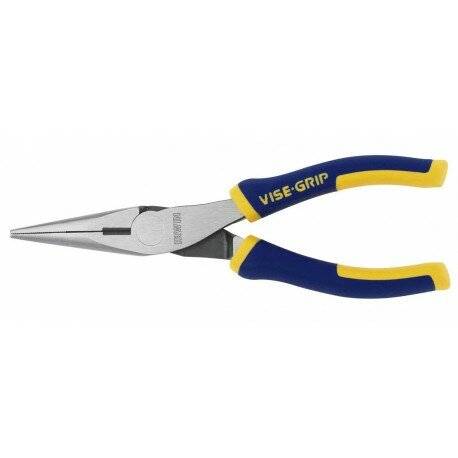 Paar Vise-Grip Langzahn-Zangen mit blauen und gelben Griffen auf weißem Hintergrund.
