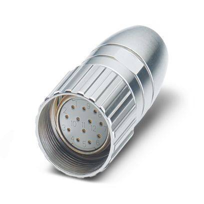 Ein silberner zylindrischer elektronischer Stecker mit mehreren sequenziell nummerierten Stiften von 1 bis 12 im Inneren, der für elektrische Verbindungen verwendet wird.