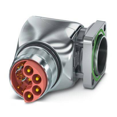 Ein metallischer Industriestecker mit rechtwinkliger Ausführung und freiliegenden mehrpoligen kreisförmigen Kontakten, üblicherweise für elektrische oder Datenverbindungen verwendet.