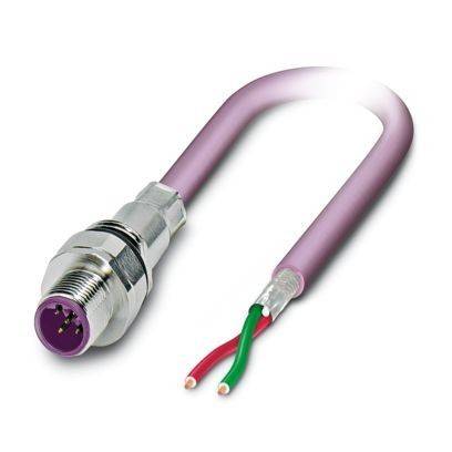 Ein Kabel mit einem runden Metallstecker auf einer Seite und freiliegenden roten und grünen Drähten auf der anderen Seite. Der Stecker hat mehrere Stifte.