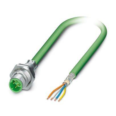 Ein grünes Industriekabel mit metallischem Stecker und freiliegenden mehrfarbigen Drähten am Ende, das für elektrische Verbindungen verwendet wird.