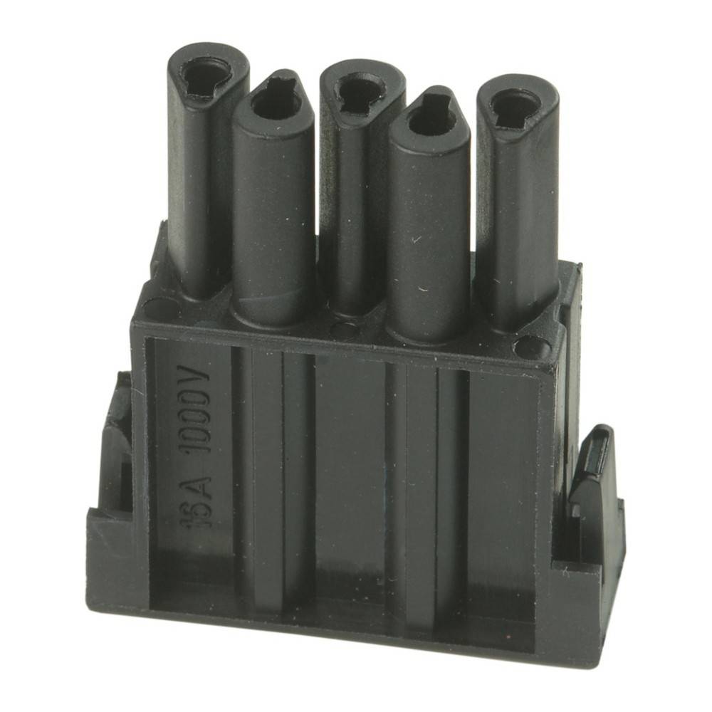 Ein schwarzer Kunststoff-Elektroverbinder mit vier zylindrischen Öffnungen und der Aufschrift '25A 1000V' an der Seite.