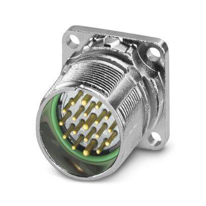 Ein metallischer kreisförmiger Stecker mit mehreren Goldstiften, montiert auf einer quadratischen Basis. Er wird anscheinend zur Sicherung von elektrischen Verbindungen verwendet.