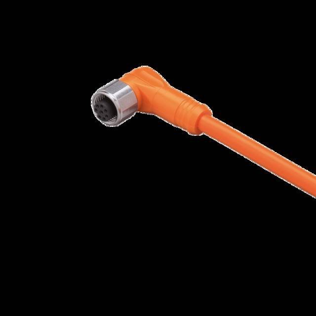 Orangefarbenes L-förmiges Kabel mit einem kreisrunden Anschluss auf weißem Hintergrund.