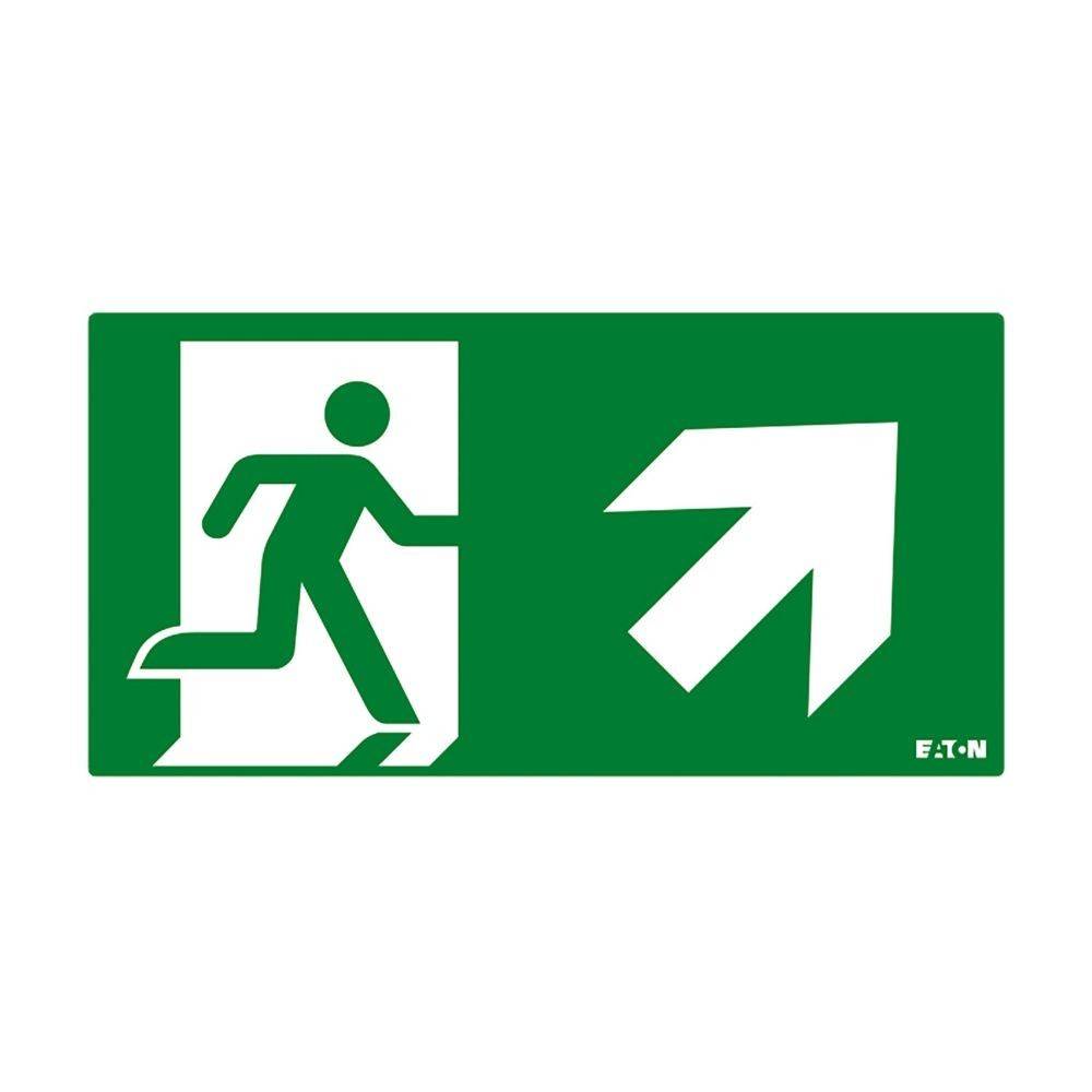 Grünes Fluchtwegeschild mit einer laufenden Person, die eine Tür durchquert, und einem Pfeil, der nach oben und rechts zeigt, der eine Notausgangsstrecke anzeigt.