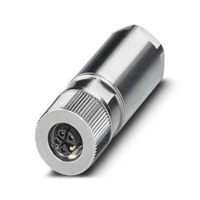 Runder Metallstecker mit geripptem Griff und Kontaktstiften innen; wird für elektronische Kabelverbindungen verwendet.