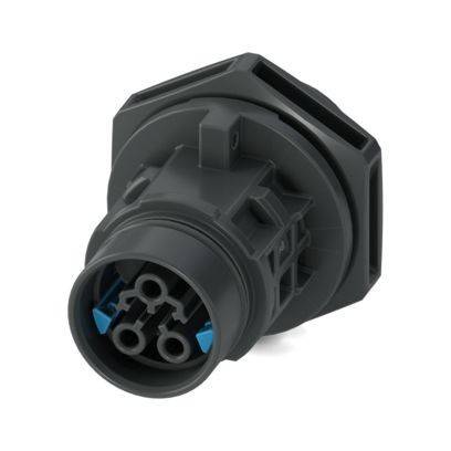 Ein grauer runder Industriestecker mit sechs Kontaktpunkten, mit einem robusten Design, das sich für sichere elektrische oder Datenverbindungen eignet.