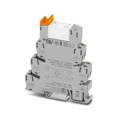 Ein graues Elektrogerät mit gekennzeichneten Anschlüssen und einer orangefarbenen Klemme oben, das für Schaltkreisverbindungen in industriellen Anwendungen verwendet wird.