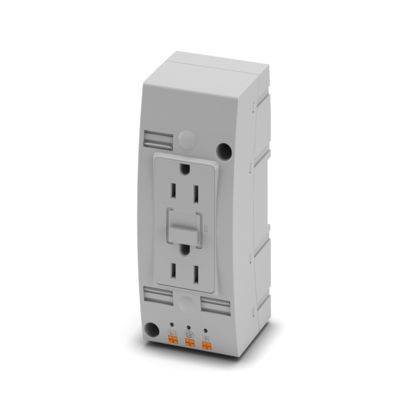 Eine weiße Steckdose mit zwei Fächern und Sicherheitsmerkmalen, konzipiert für die Integration in ein Elektroinstallationssystem in Wohn- oder Bürogebäuden.