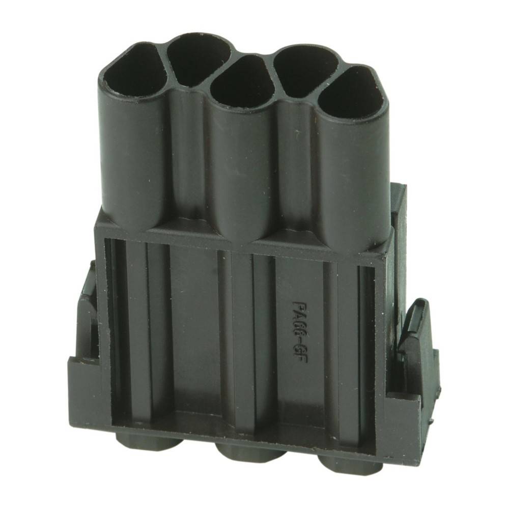 Ein schwarzer Kunststoff-Elektroverbinder mit sechs zylindrischen Buchsen, konzipiert für Mehrfach-Pin-Verkabelungsanwendungen in elektronischen Geräten.