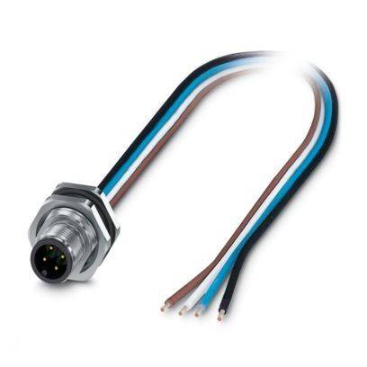 Ein Metallstecker mit mehreren ausgehenden Drähten, wobei jeder Draht mit unterschiedlich farbiger Isolierung bedeckt ist, entworfen für elektrische Verbindungen.