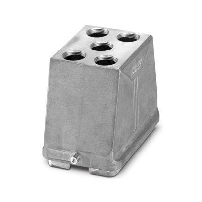 Ein rechteckiger Metallblock mit fünf runden Gewindelöchern auf der Oberseite, wahrscheinlich ein Bauteil zum Verbinden oder Montieren anderer Teile.