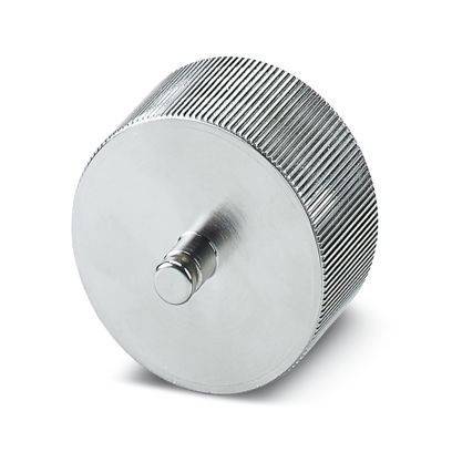 Ein metallischer, zylindrischer Knopf mit feinen vertikalen Rillen und einem zentralen hervorstehenden Stift, der für präzise Einstellung oder Steuerung konzipiert ist.