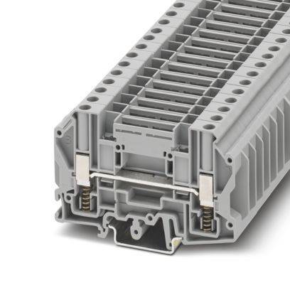 Ein grauer elektronischer Klemmblock mit mehreren Anschllusspunkten, der ein langlebiges, modulares Design für Verdrahtung und elektrische Systeme bietet.