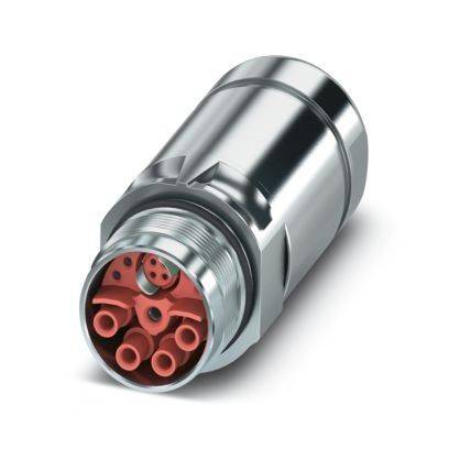 Ein metallischer elektrischer Stecker mit mehreren roten Buchsen, typischerweise für industrielle Anwendungen verwendet, zeigt eine Frontansicht der Anschlüsse.