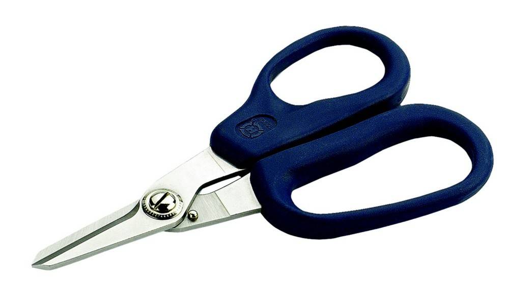 Eine Schere mit blauen Griffen und scharfen silbernen Klingen, leicht geöffnet positioniert, was eine Bereitschaft für Schneidaufgaben signalisiert.