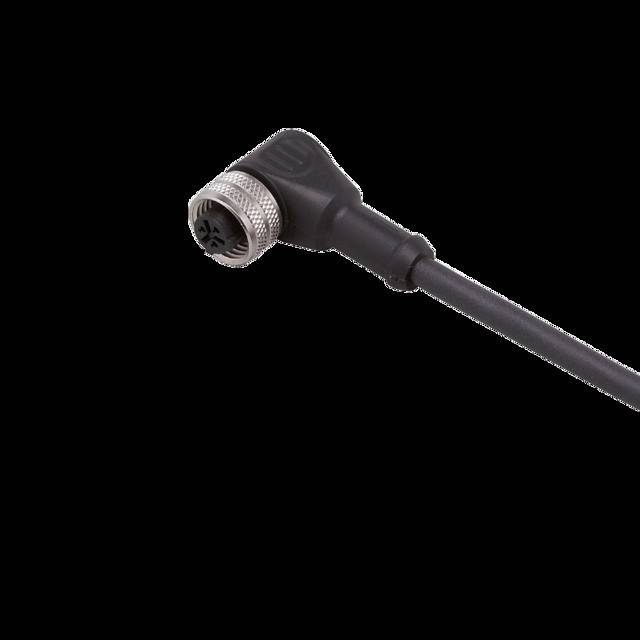 Ein schwarzer Winkel-Elektronikstecker mit drei Metallstiften.