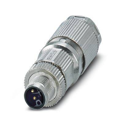 Ein metallischer runder Stecker mit drei Stiften für elektrische oder elektronische Geräte, mit einer gerillten Außenseite für besseren Halt.
