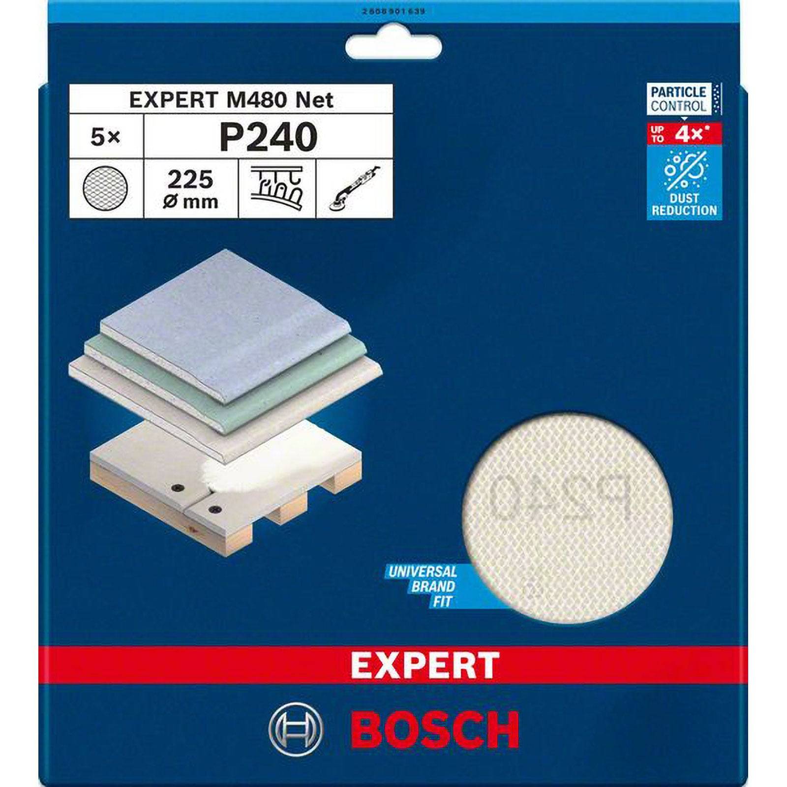 Schleifscheiben-Verpackung für Bosch Expert M480 Net, Körnung P240, 225 mm Durchmesser, Packung mit 5 Stück. Behauptete 4-fache Staubreduzierung und universelle Markenkompatibilität.