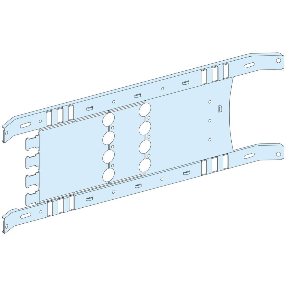 Diagramm einer Metallhalterung mit mehreren Löchern und Schlitzen, wahrscheinlich zur Befestigung von Kabeln oder Komponenten in einer strukturellen Anordnung.