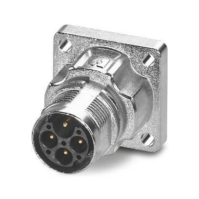 Ein metallischer runder elektrischer Stecker mit vier Löchern und einer quadratischen Befestigungsplatte, typischerweise verwendet für sichere Verdrahtungsverbindungen.