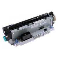 Nahaufnahme einer Druckerfuser oder Tonereinheit, eine aus Metall und Kunststoff bestehende innere mechanische Komponente mit Rollen und Zahnrädern.