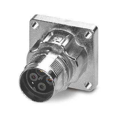 Ein Metall-Paneelmontage-Stecker mit drei Stiften, geeignet für industrielle oder Audioanwendungen, wird vor weißem Hintergrund dargestellt.