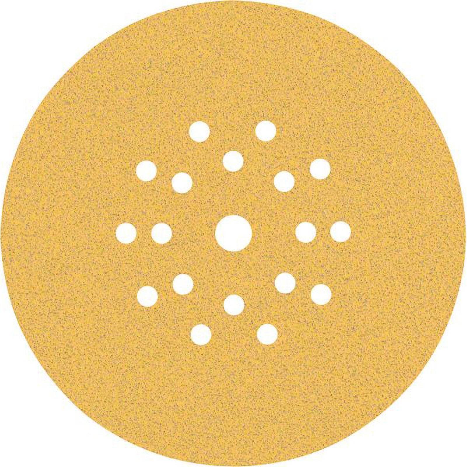 Eine runde Schleifpapierscheibe mit mehreren Löchern, die in einem kreisförmigen Muster angeordnet sind, zum Schleifen von Oberflächen.