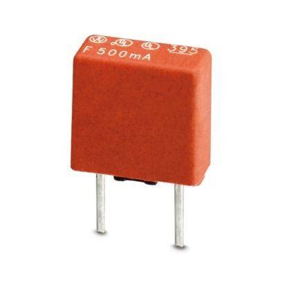 Eine rote rechteckige elektronische Komponente mit zwei Metallanschlüssen, beschriftet mit „F 500mA