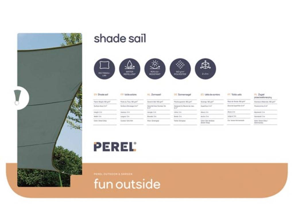 Perel Sonnensegel, wasserabweisend, 2 x 3 m, 160 g/m², Polyester, Rechteck, Grüngrau
