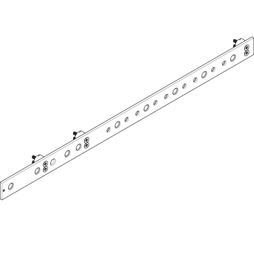 Eine lineare Metallträger mit mehreren kreisförmigen Löchern entlang seiner Länge, versehen mit Schrauben und Halterungen an beiden Enden zur Befestigung oder Installation.