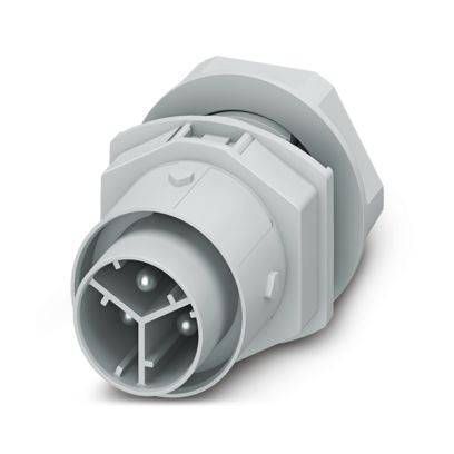 Ein sechseckiger Industrie-Stecker mit zylindrischer Form und drei sichtbaren Stiften, verwendet für elektrische Verbindungen.