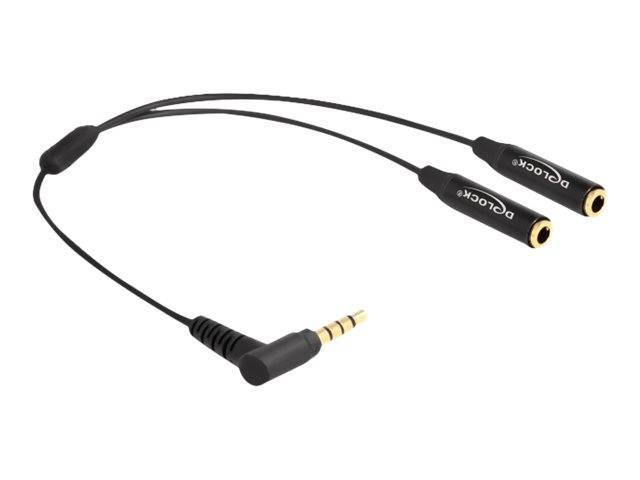 Schwarzes Y-Splitter-Audiokabel mit 3,5-mm-Winkelstecker und zwei weiblichen Kopfhörerbuchsen.