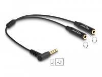 Schwarzes 3,5-mm-Audio-Splitterkabel mit einem Stecker und zwei weiblichen Kopfhörerbuchsen.