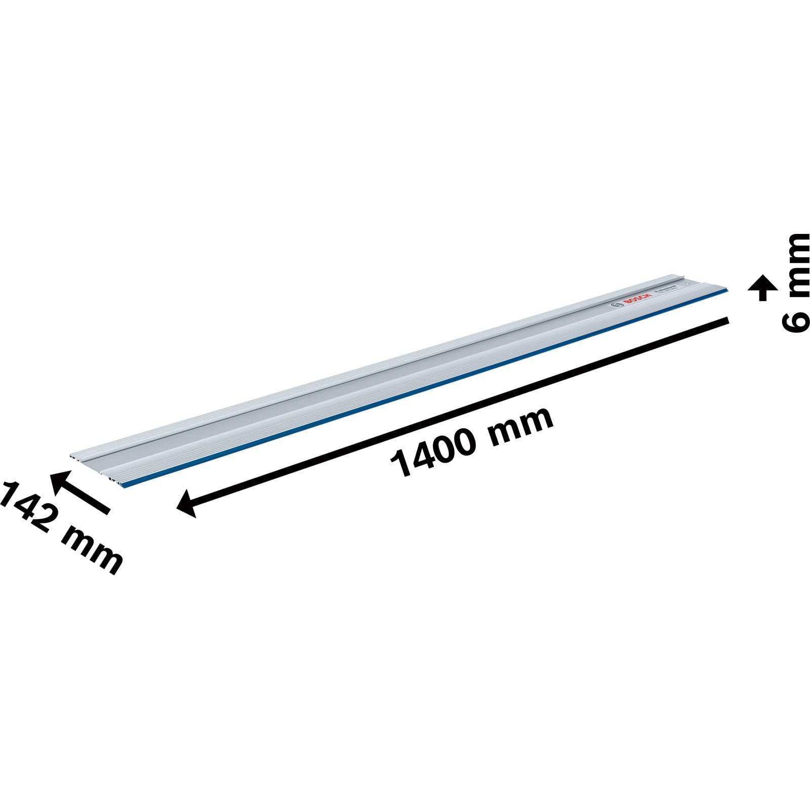 Ein Metallführungsschiene mit einer Länge von 1400 mm, einer Breite von 142 mm und einer Dicke von 6 mm.
