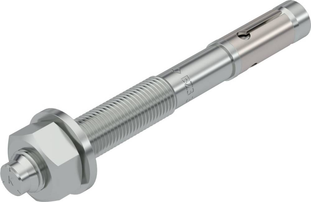 Ein metallischer Ankerbolzen mit sechseckigem Kopf, zylindrischem Körper und gewindeter Spitze, der zum Befestigen von Objekten in Beton oder Mauerwerk verwendet wird.