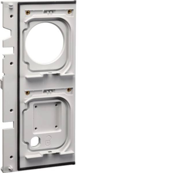 Eine weiße rechteckige Wandplatte mit zwei Öffnungen für Geräte, eine kreisförmig und eine rechteckig, mit einem Schlüsselloch für sichere Befestigung.