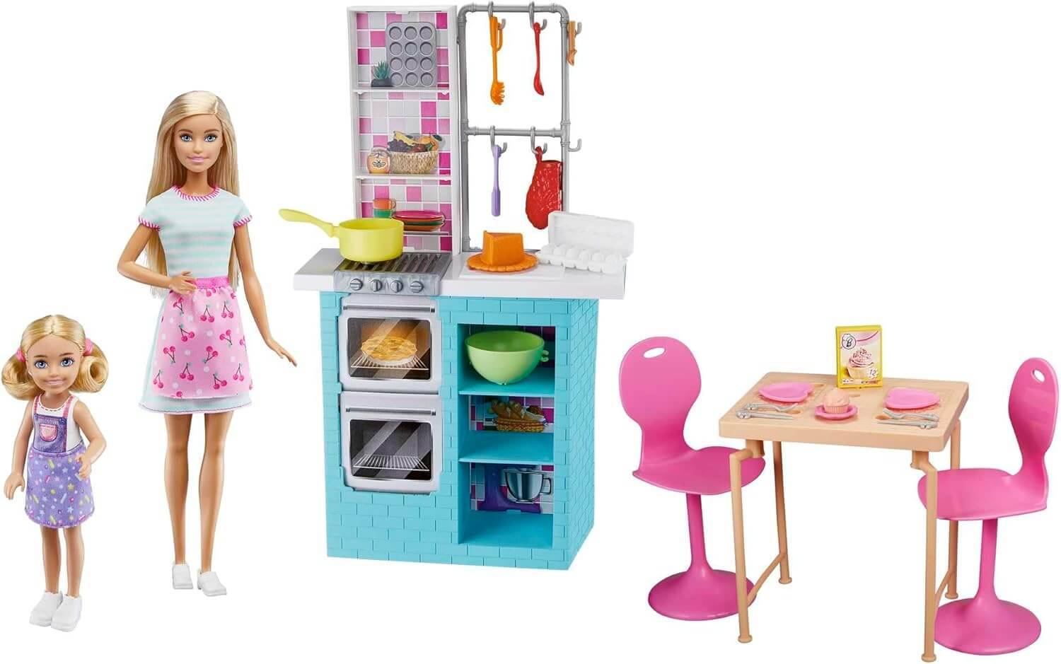 Mattel HBX03 - Barbie-Schwestern Backspielset mit Barbie-Puppe & Chelsea-Puppe